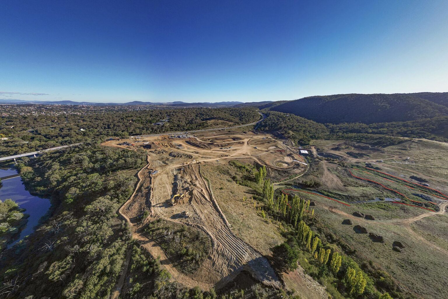 Aerial photography of civil works at Jumping Creek in Queanbeyan
