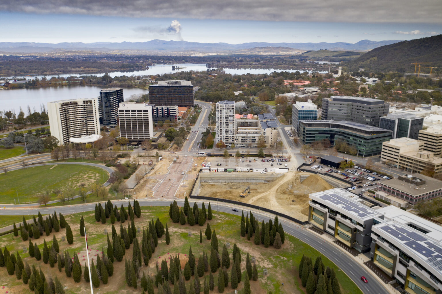 Aerial view of construction works at Canberra's Edinburgh Avenue.