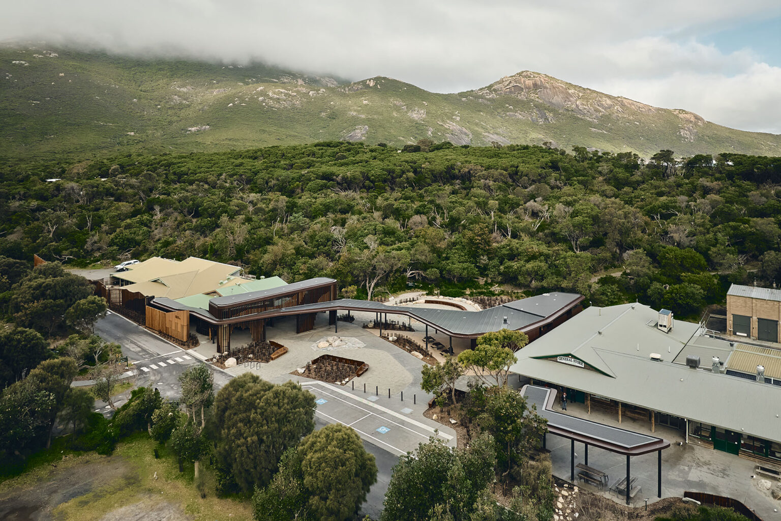 Birds eye view of Tidal River Visitors center at Wilsons Promontory