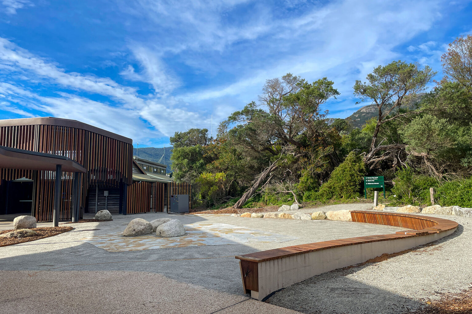 Seating at tidal river visitors center, Wilson's Promontory
