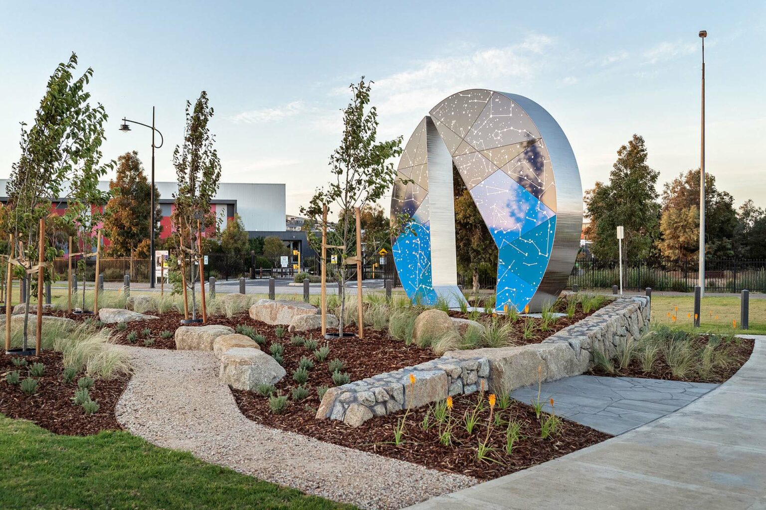 Entry statement sculpture designed by Spiire landscape architects at True North estate in Melbourne.