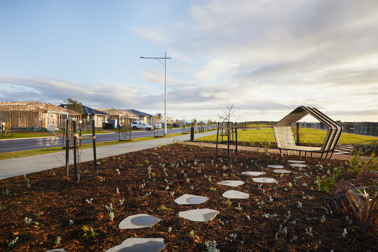 Pathways and shelters at Central Park, an open space designed by Spiire landscape architects at the Harriott at Armstrong Creek estate.