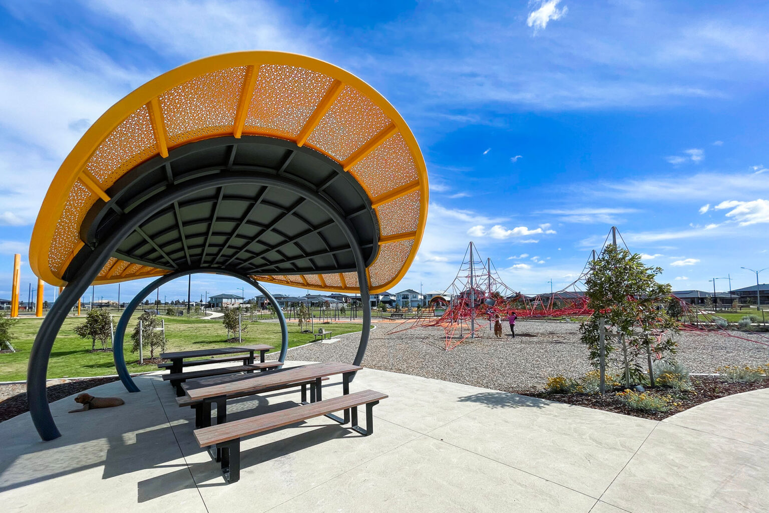 Custom shelter and play equipment at the Merrifield Recreation Reserve, designed by Spiire Landscape Architecture team.
