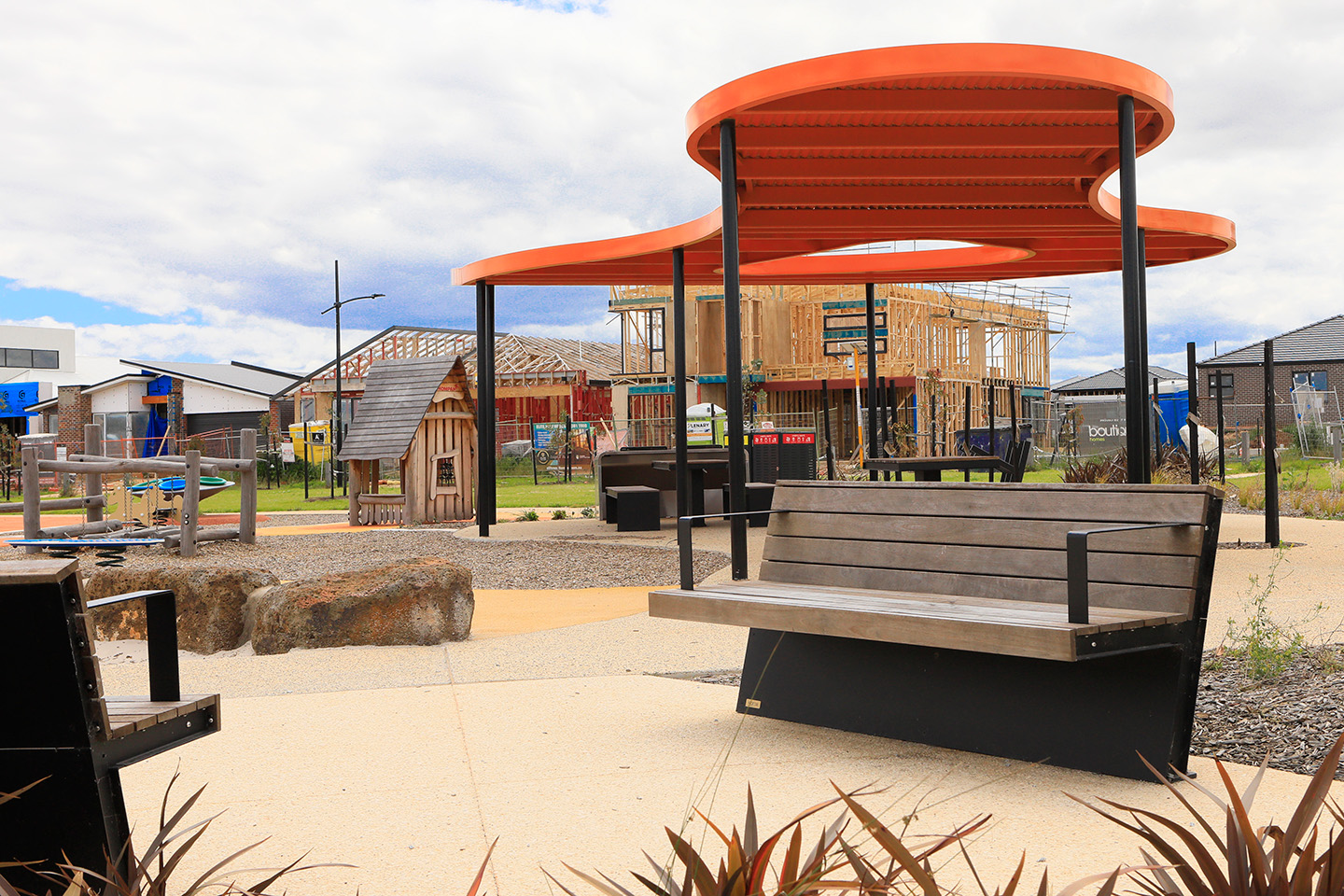 Custom shelters designed by Spiire landscape architects at North Park, WestWood.