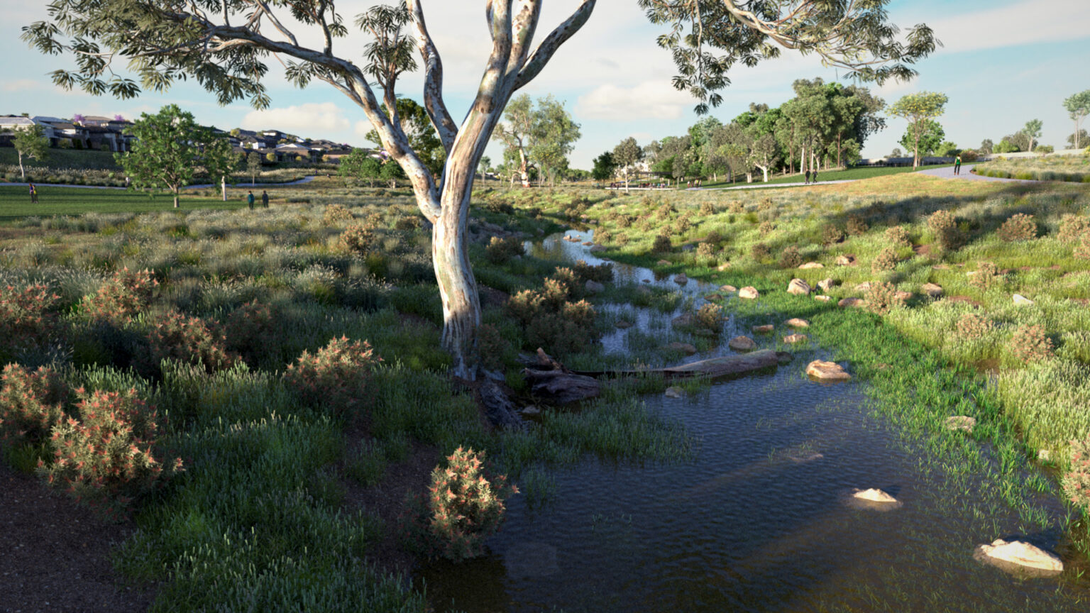 3D render of landscape and water elements at Riverhills estate in Melbourne, created by Spiire Visual Media team.