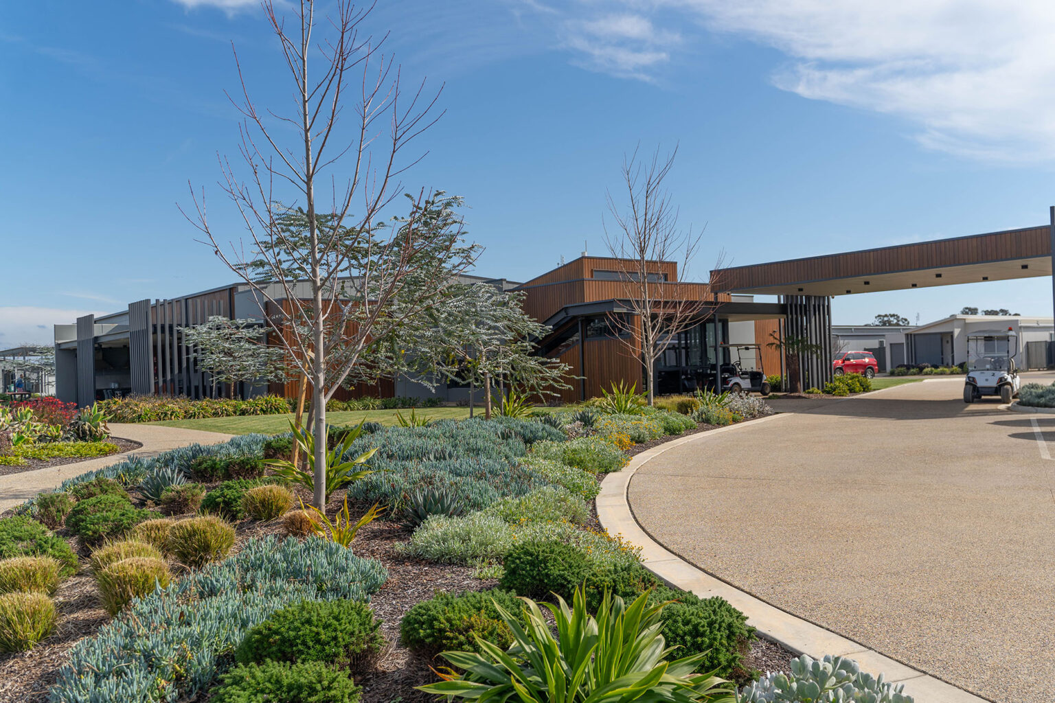 Colourful planting outside the resident facilities at Waterways Lifestyle Village in Nagambie.
