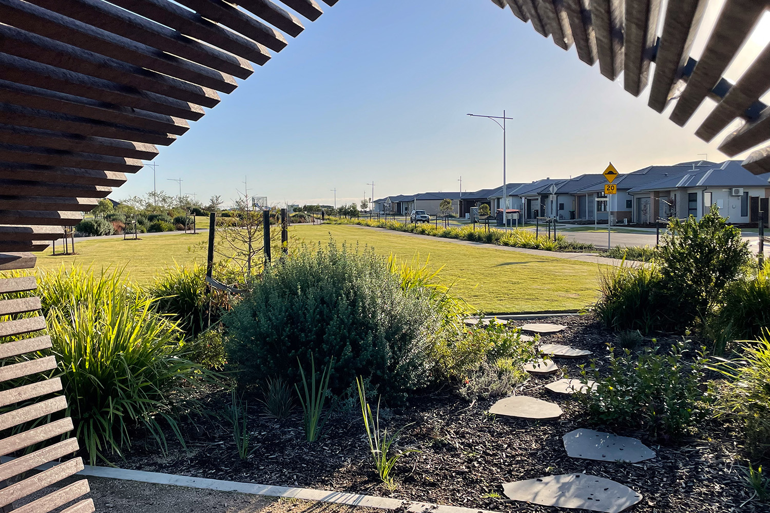 Pathways and shelters at Central Park, an open space designed by Spiire landscape architects at the Harriott at Armstrong Creek estate.