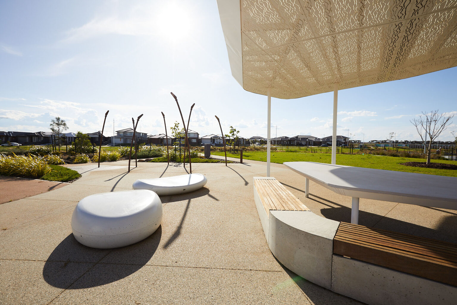 Open spaces at The Grove designed by Spiire landscape architects feature custom furniture and shelters.