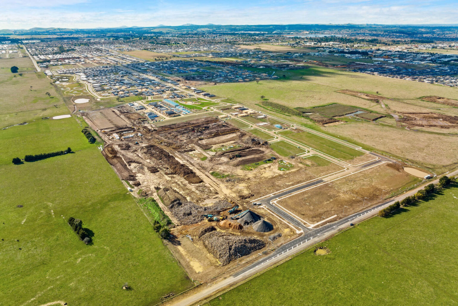 Aerial view of civil construction at Conroys Green estate in Ballarat.