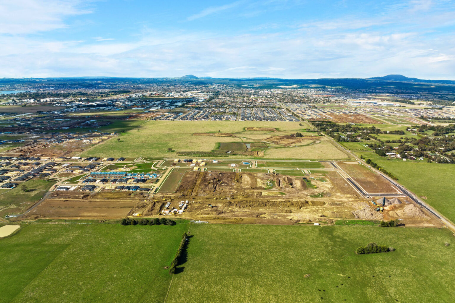 Aerial view of civil construction at Conroys Green estate in Ballarat.