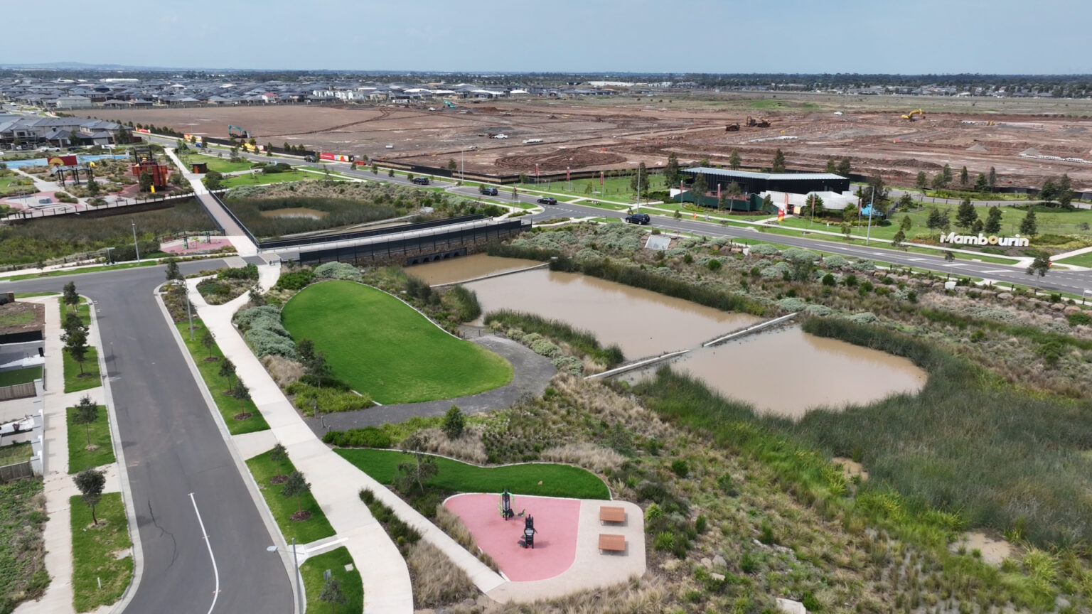 Aerial photograph of wetland system designed by Spiire water engineers at Mambourin.
