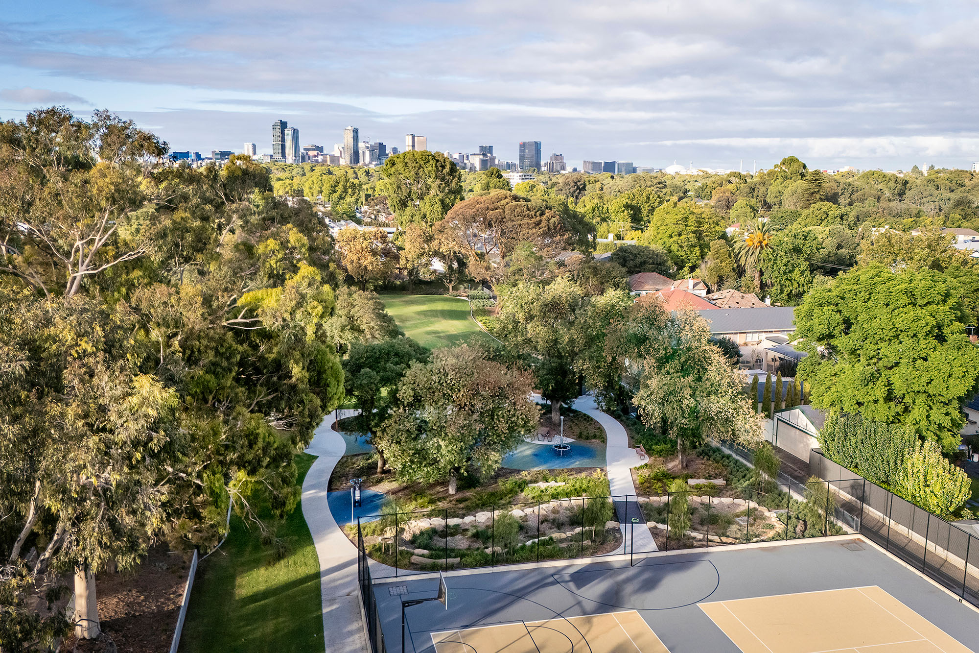 Aerial photo of Burchell reserve designed by Spiire landscape architects