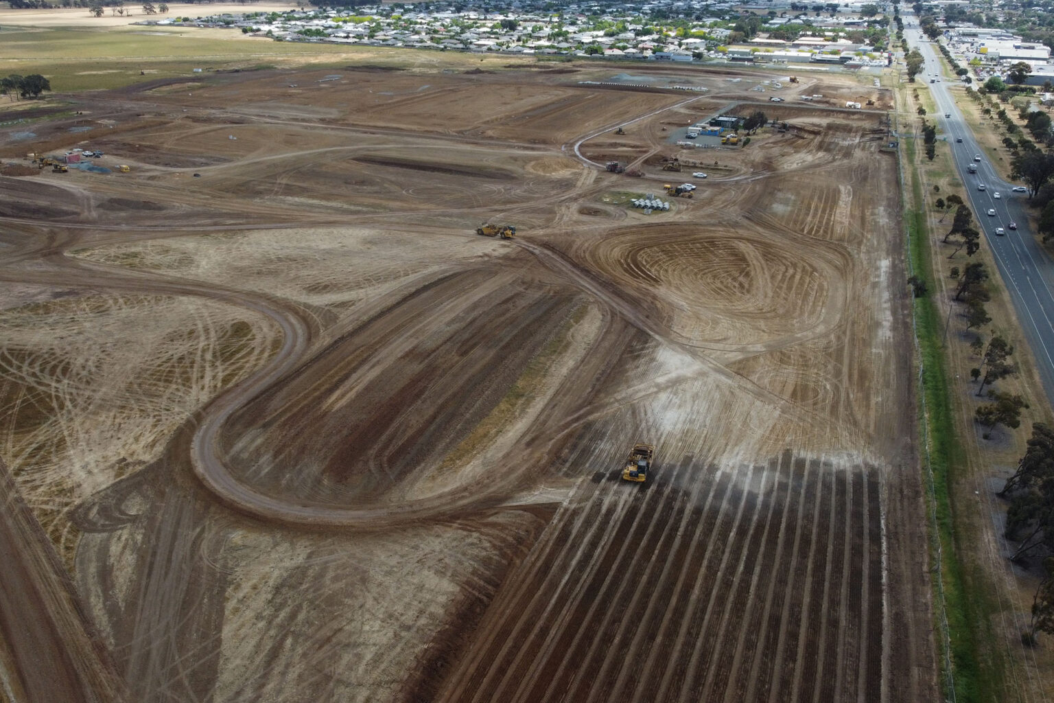 Aerial photograph of civil construction underway at McMahon's Place, Echuca.