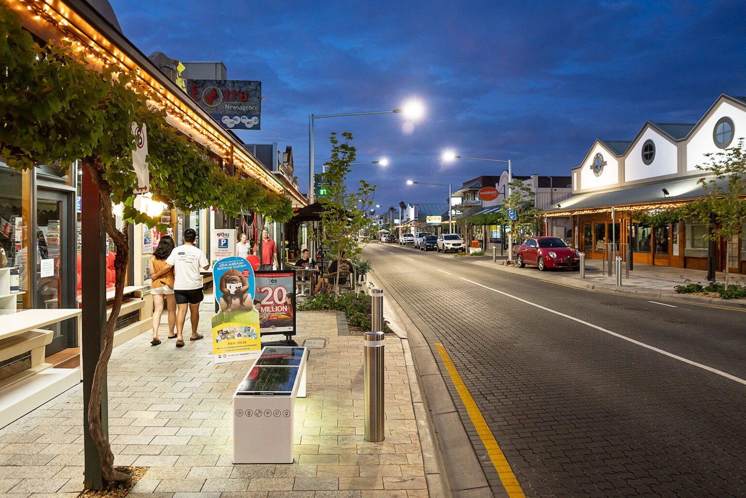 Streetscape of King William Road at night designed by Spiire Landscape Architects