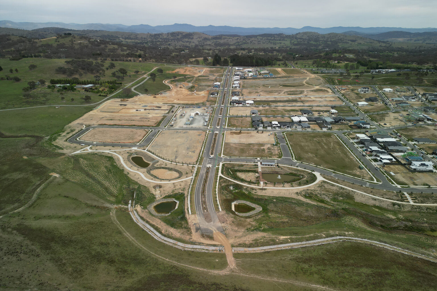 Aerial view of construction at Spiire Canberra project Googong Township