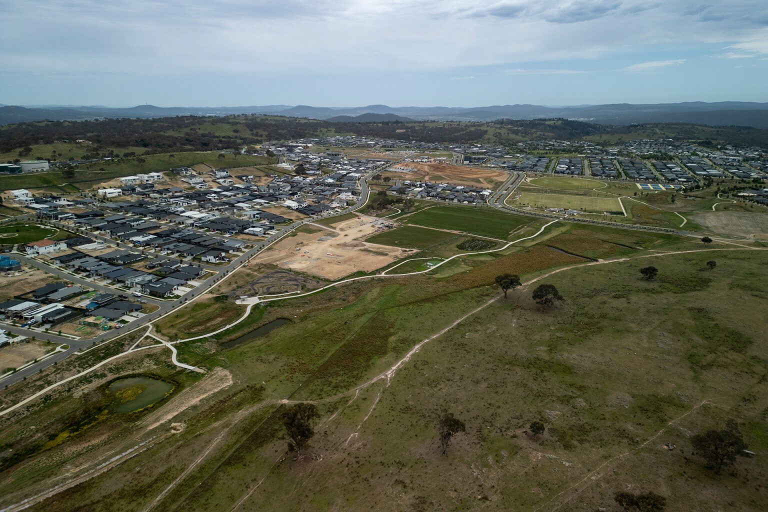 Aerial view of construction at Spiire Canberra project Googong Township