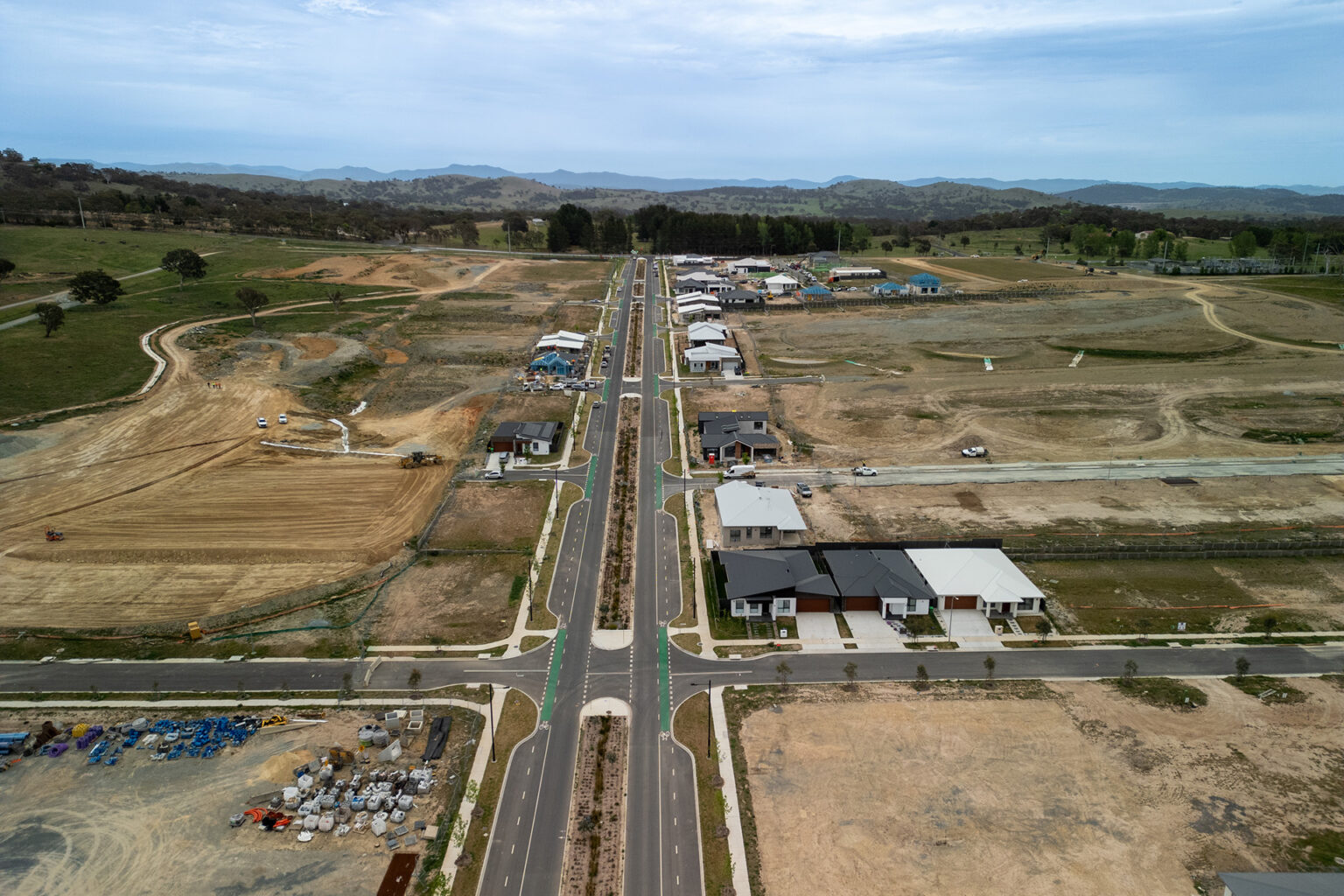Aerial view of construction at Spiire Canberra project Googong Township