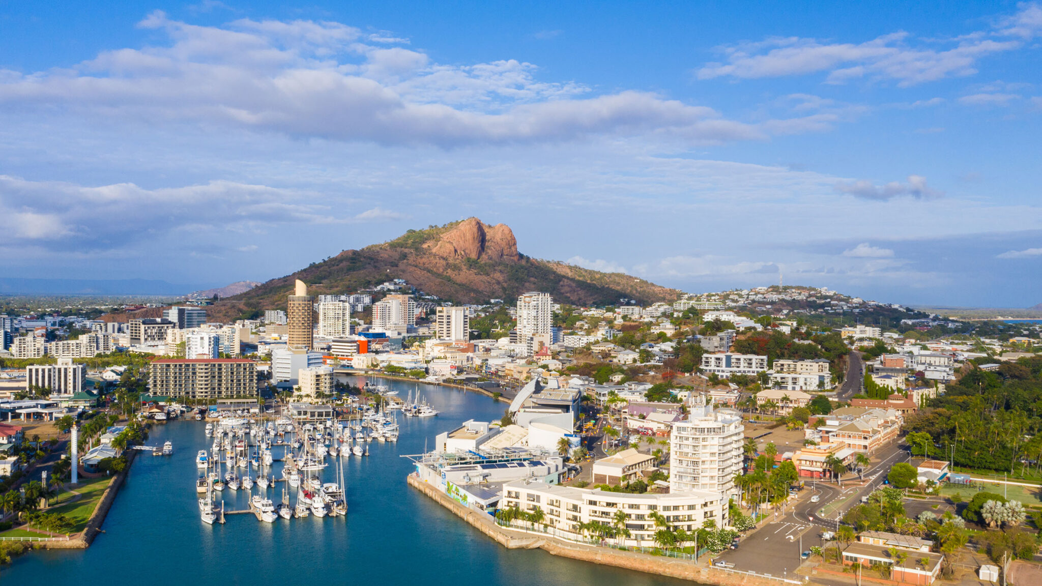 Aerial view of harbour and Townsville CBD