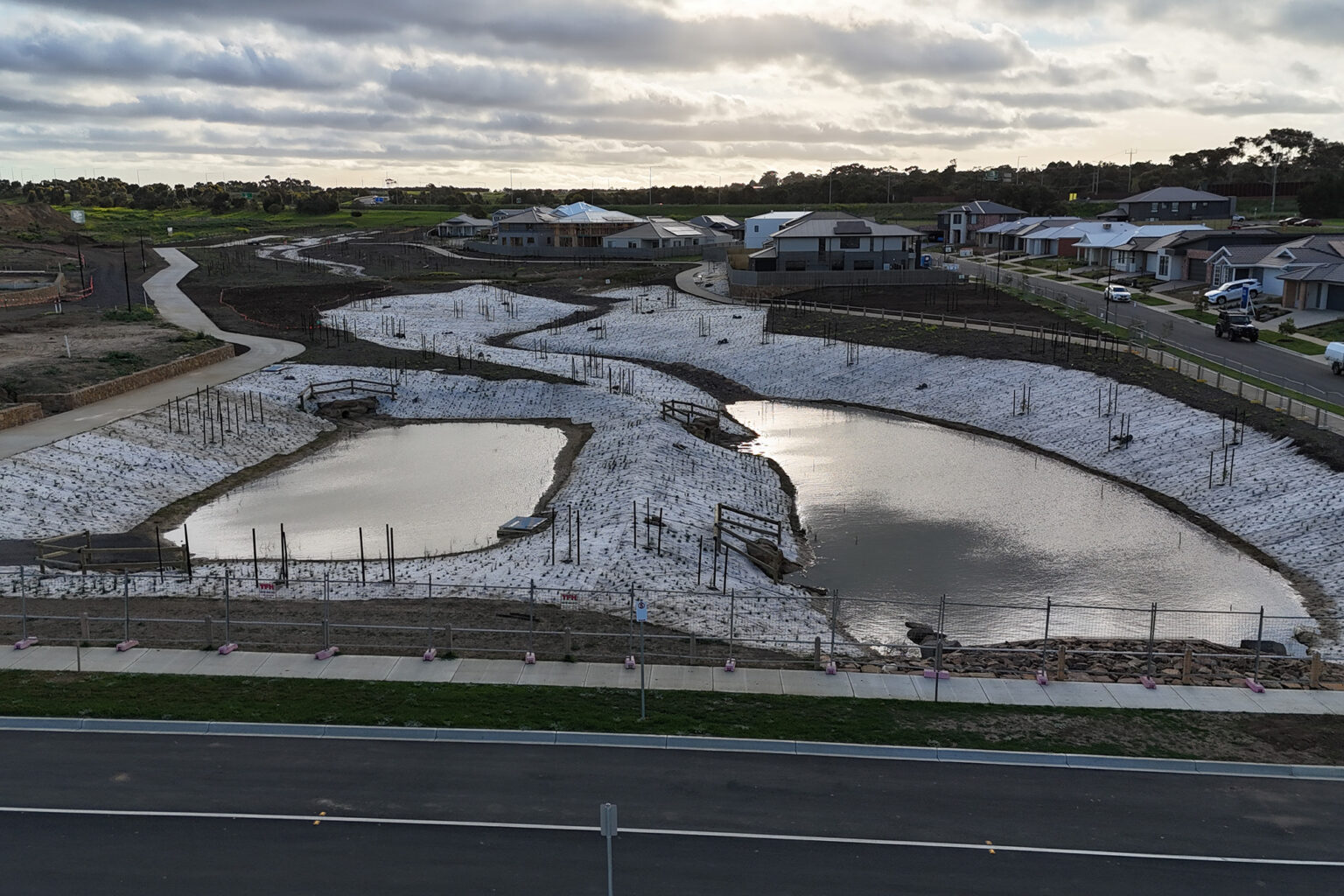 Aerial view of wetlands at spiire geelong project hams road